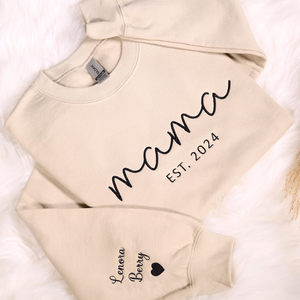 Custom Embroidered Mama Sweatshirt With Kids Names On Sleeve, Personalized Mom Embroidery Hoodie, Birthday Outfits, Baby Announcement Gifts