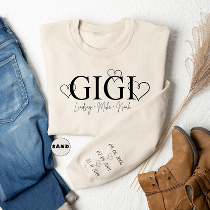 Personalized Gigi Sweatshirt With Grandkid Name, Custom Grandma Hoodie With Birth Dates On Sleeve, Grammy Outfit, Granny Clothing, Nana Gift
