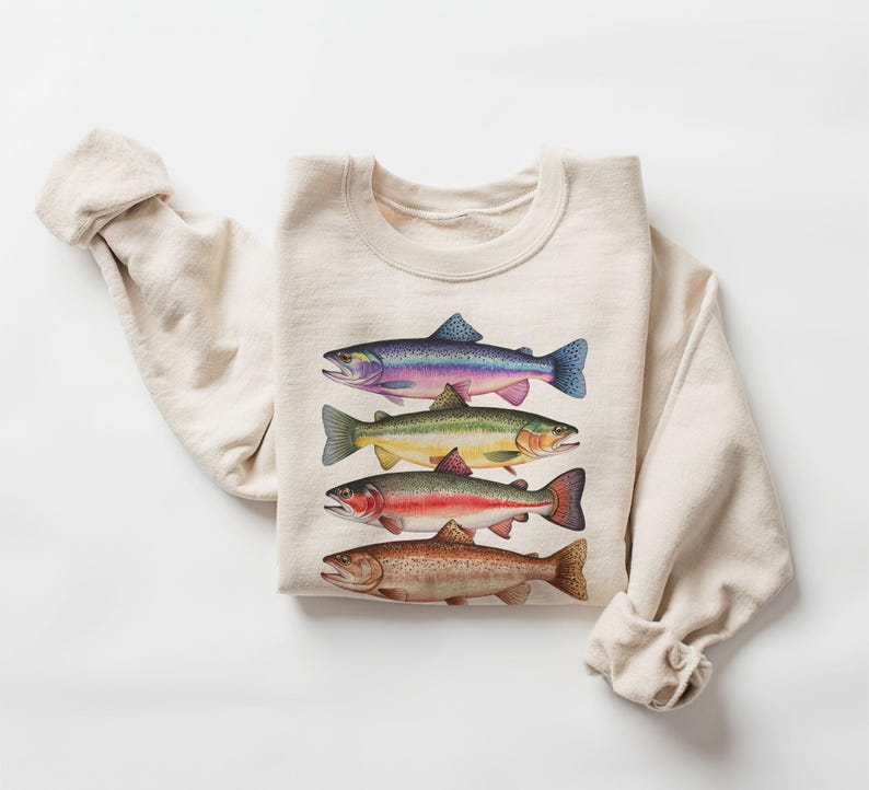 Abstract Colorful Trout In A Row Sweatshirt - River Fish Trout Species Outfit - Fly Fishing Gift