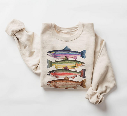 Abstract Colorful Trout In A Row Sweatshirt - River Fish Trout Species Outfit - Fly Fishing Gift