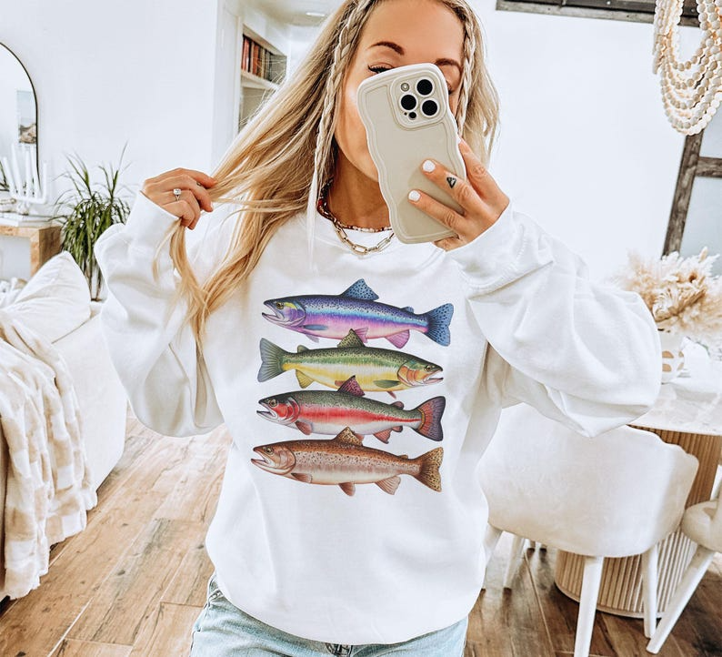 Abstract Colorful Trout In A Row Sweatshirt - River Fish Trout Species Outfit - Fly Fishing Gift
