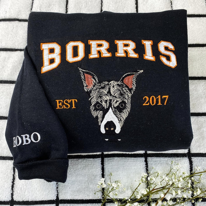 Custom Dog Face Hoodie from Your Photo, Varsity Personalized Embroidered Hoodie with Dog Name, Est Hoodie, Dog Owner Gift Idea