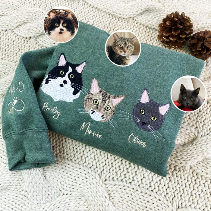 Embroidered Cat Sweatshirt, Personalized Cat Face with Cat Name Hoodie, Custom Pet Portrait Shirt, Gift for Cats Lover, Cat Mom Sweatshirt