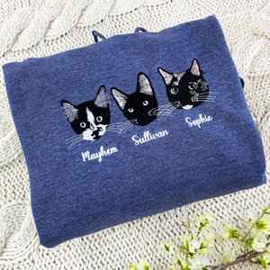 Embroidered Cat Sweatshirt, Personalized Cat Face with Cat Name Hoodie, Custom Pet Portrait Shirt, Gift for Cats Lover, Cat Mom Sweatshirt