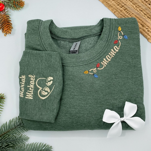 Custom Mama Sweatshirt, Mama Christmas Light Embroidered Shirt, Momma Sweatshirt, Personalized Mama Hoodie with Kid Name