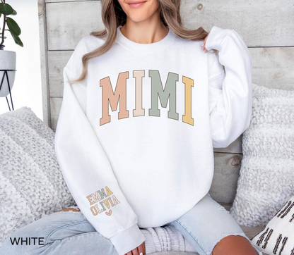 Personalized Mimi Sweatshirt with Grandkids Names on Sleeve, Christmas Gift for New Mimi Gifts, Mothers Day Gift, Grandma Sweatshirt
