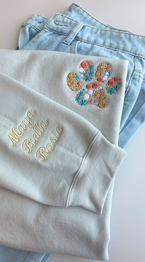 Floral Embroidered Fall Sweatshirt Custom Autumn Crewneck w Pet Name on Sleeve Fall Sweatshirt for Dog Lover Fall Fur MAMA Sweatshirt