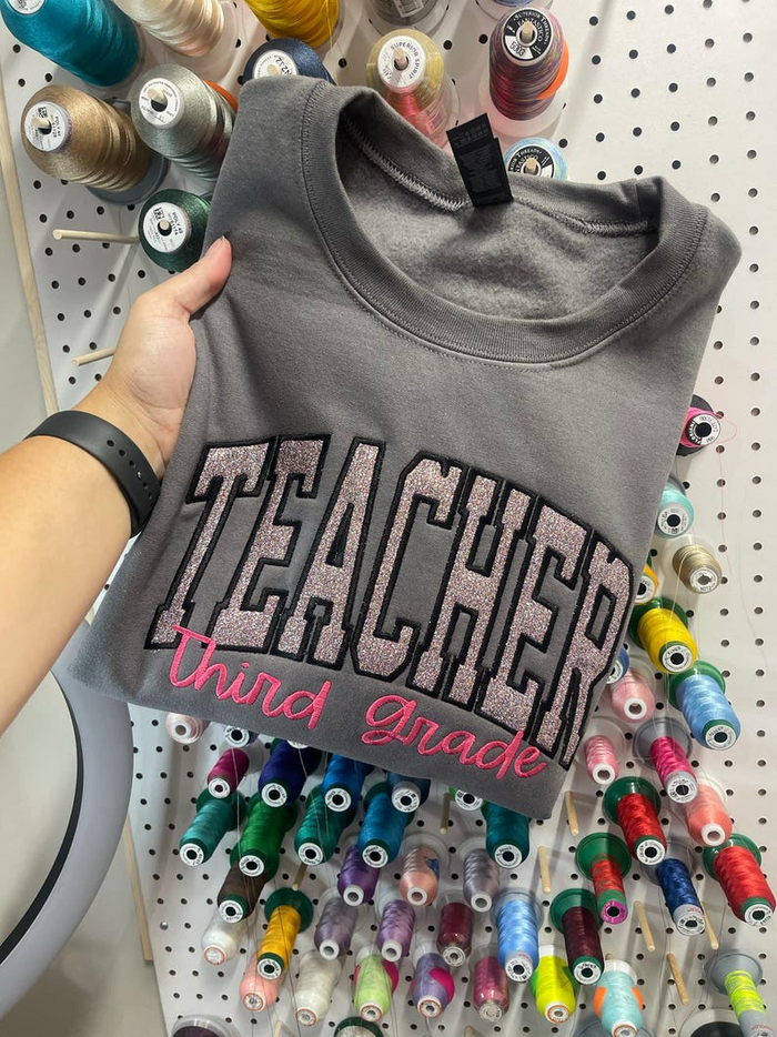 Custom Teacher, Custom School Glitter Applique Embroidered Sweatshirt