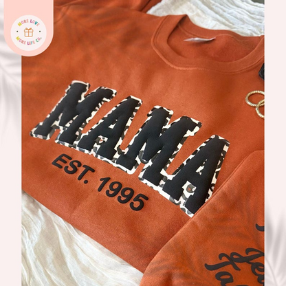 Mama Sweatshirt with Kid Name, Mom Sweatshirt, Puff Mama Sweatshirt Name on Sleeve, New Mom Gift, Pregnancy Announcement, Mama Leopard Print
