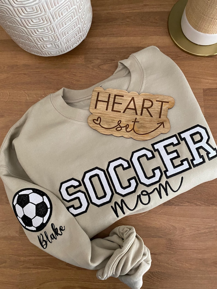 Personalized Embroidered Soccer Mom Sweatshirt | Custom Team Crewneck | Soccer Mom Shirt | with Kids Name on Sleeve | Soccer Ball Shirt