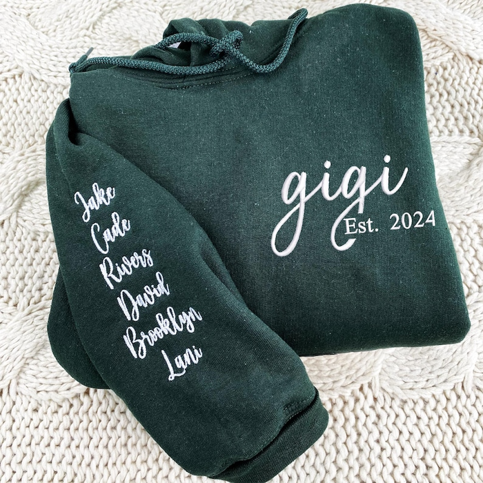 Personalized Gigi Sweatshirt, Custom Embroidered with Grandkids Names on Sleeve, Perfect Gift for Gigi Minimalist Gigi Sweater