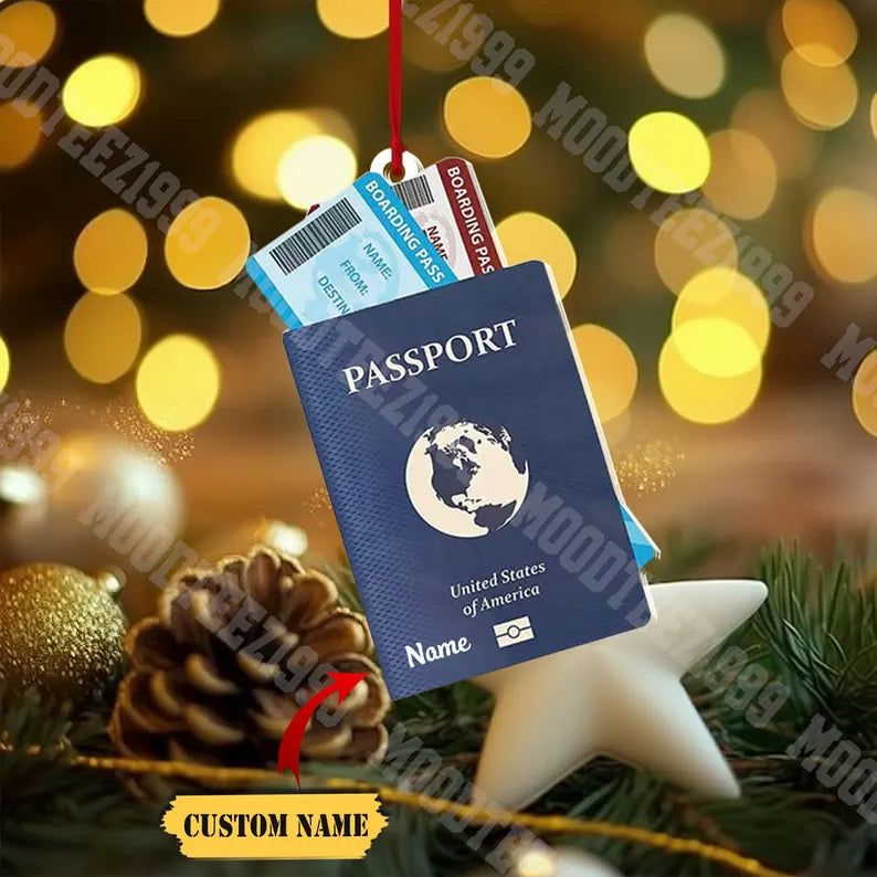 Passport Travel Christmas Ornament, Honeymoon Vacation Custom Passport Ornament, Travel Adventures Ornament, Gift for Traveler, Travel Lover