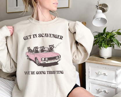 Get in Scavenger Weâ€™re Going Thrifting Sweatshirt, Funny Raccoon T-Shirt, Thrift Lover Shirt, Raccoon Shirt, Thrifting Shirt for Women, Gift
