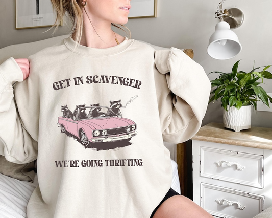 Get in Scavenger Weâ€™re Going Thrifting Sweatshirt, Funny Raccoon T-Shirt, Thrift Lover Shirt, Raccoon Shirt, Thrifting Shirt for Women, Gift