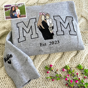 Mama-sweater met foto, aangepaste geborduurde hoodie portret mama en kinderen, aangepast varsity-shirt, borduurshirt voor moeder mama mama