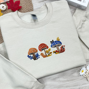 Mushroom And Wildflowers Embroidered Sweatshirt, Fall Sweater, Cute Thanksgiving Shirt, Autumn Leaves Sweater, Camping Shirt Gift For Friend