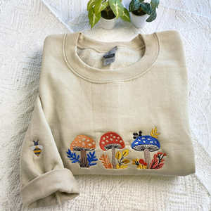 Mushroom And Wildflowers Embroidered Sweatshirt, Fall Sweater, Cute Thanksgiving Shirt, Autumn Leaves Sweater, Camping Shirt Gift For Friend