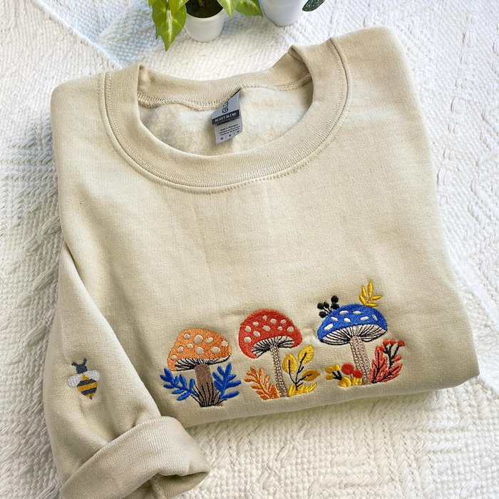 Mushroom And Wildflowers Embroidered Sweatshirt, Fall Sweater, Cute Thanksgiving Shirt, Autumn Leaves Sweater, Camping Shirt Gift For Friend