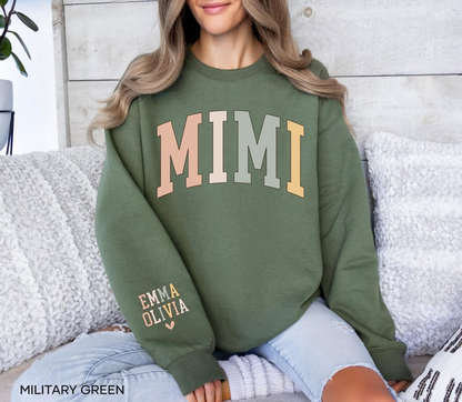 Personalized Mimi Sweatshirt with Grandkids Names on Sleeve, Christmas Gift for New Mimi Gifts, Mothers Day Gift, Grandma Sweatshirt