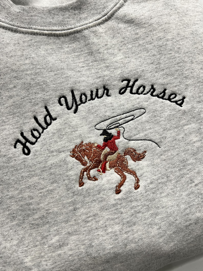 Hold Your Horses Sweatershirt , Western Sweatshirt, Cowboy Cowgirl Crewneck, Rodeo Embroidered customizable color unisex crewneck