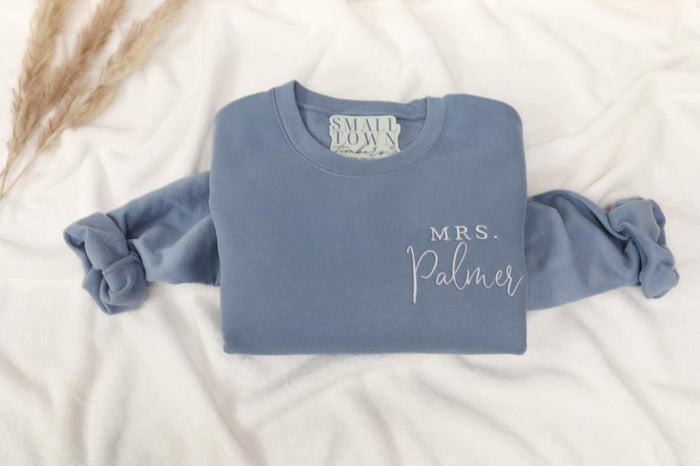 Mrs. Personalized Embroidered Sweatshirt, Custom Hoodie, Bride to Be, Gift for Her, Engagement Gift, Mrs. Crew Neck, Christmas Gift