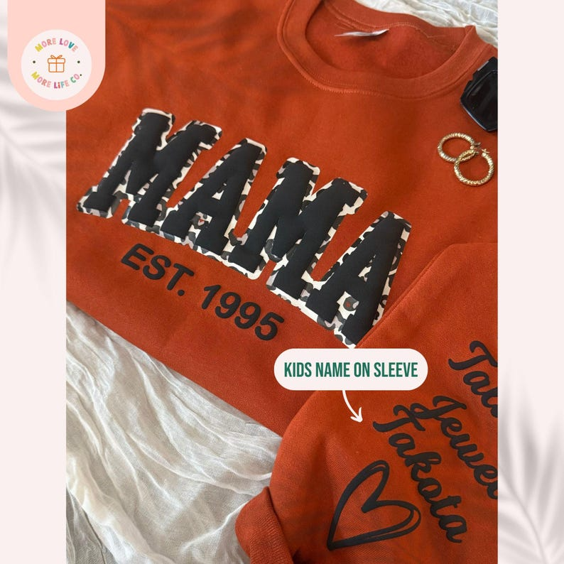 Mama Sweatshirt with Kid Name, Mom Sweatshirt, Puff Mama Sweatshirt Name on Sleeve, New Mom Gift, Pregnancy Announcement, Mama Leopard Print