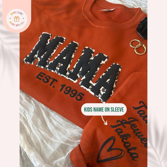 Mama Sweatshirt with Kid Name, Mom Sweatshirt, Puff Mama Sweatshirt Name on Sleeve, New Mom Gift, Pregnancy Announcement, Mama Leopard Print