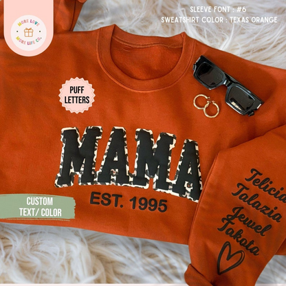 Mama Sweatshirt with Kid Name, Mom Sweatshirt, Puff Mama Sweatshirt Name on Sleeve, New Mom Gift, Pregnancy Announcement, Mama Leopard Print