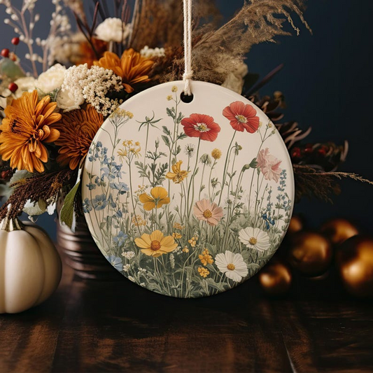 Botanical Ceramic Ornament, Wildflower Illustration, Handmade Decor, Unique Gift, Nature Lover, Christmas Ornament Gift