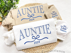 Cute and Trendy Auntie Bow Embroidered Sweatshirt with Kids Name on Sleeve,Personalized Crewneck Pullover, Aunt Sweatshirt, Christmas Gifts