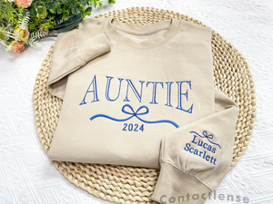 Cute and Trendy Auntie Bow Embroidered Sweatshirt with Kids Name on Sleeve,Personalized Crewneck Pullover, Aunt Sweatshirt, Christmas Gifts