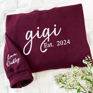 Personalized Gigi Sweatshirt, Custom Embroidered with Grandkids Names on Sleeve, Perfect Gift for Gigi Minimalist Gigi Sweater