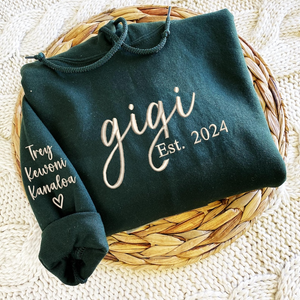 Personalized Gigi Sweatshirt, Custom Embroidered with Grandkids Names on Sleeve, Perfect Gift for Gigi Minimalist Gigi Sweater