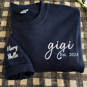 Personalized Gigi Sweatshirt, Custom Embroidered with Grandkids Names on Sleeve, Perfect Gift for Gigi Minimalist Gigi Sweater