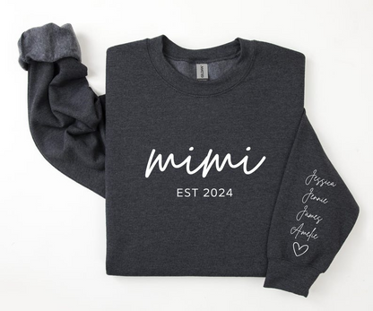 Personalized Mimi Sweatshirt with Children Name on Sleeve, Crewneck or Hoodie, Personalized Gift for mimi, Mimi Granddaughters Names