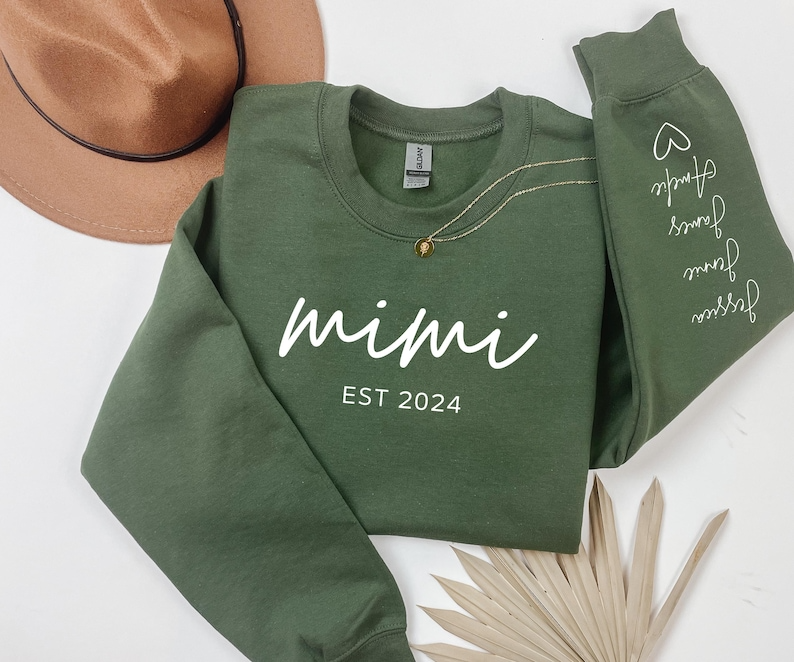 Personalized Mimi Sweatshirt with Children Name on Sleeve, Crewneck or Hoodie, Personalized Gift for mimi, Mimi Granddaughters Names