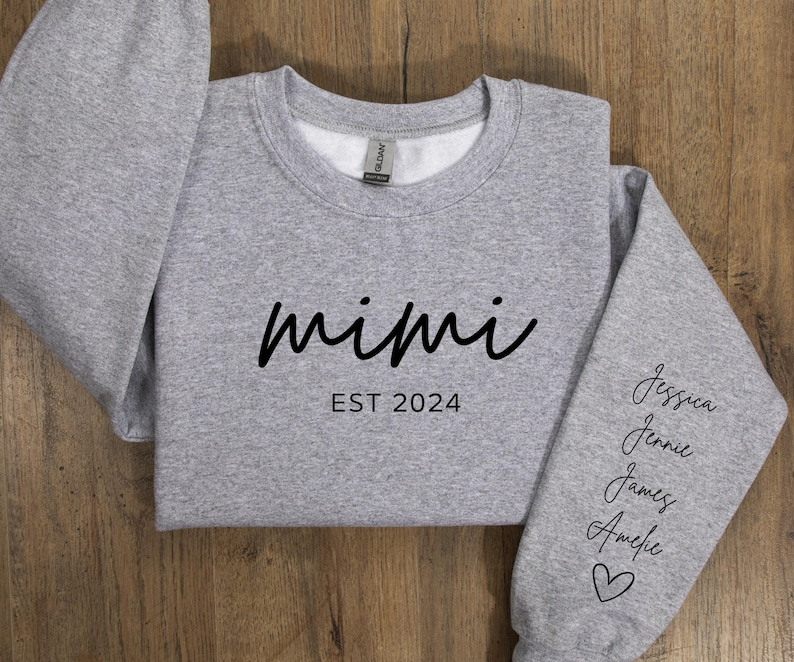 Personalized Mimi Sweatshirt with Children Name on Sleeve, Crewneck or Hoodie, Personalized Gift for mimi, Mimi Granddaughters Names