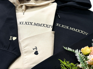 Custom Embroidered Roman Numeral Hoodie, Personalized Gift Date Hoodie Initial on Sleeve,Anniversary Date, Wedding Date, Valentines Day Gift