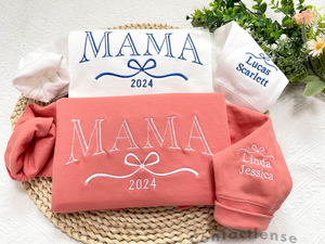 Personalized Mama Sweatshirt, Embroidered Kids Name with Bow on Sleeve, Mama Christmas Crewneck, Mom Christmas Gift, Mothers Day Gift