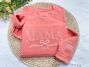 Personalized Mama Sweatshirt, Embroidered Kids Name with Bow on Sleeve, Mama Christmas Crewneck, Mom Christmas Gift, Mothers Day Gift