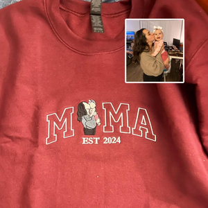 Mama Sweatshirt with Photo, Custom Embroidered Hoodie Mama and Kids Portrait, Varsity Shirt, Custom Embroidery Shirt For Mom Mama Mommy