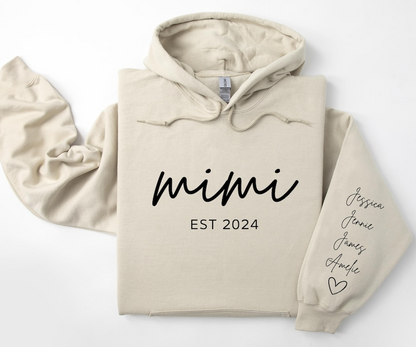 Personalized Mimi Sweatshirt with Children Name on Sleeve, Crewneck or Hoodie, Personalized Gift for mimi, Mimi Granddaughters Names