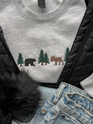 Embroidered Forest Animals Sweatshirt | Bear and Moose Pullover Crewneck