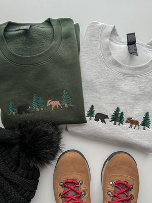 Embroidered Forest Animals Sweatshirt | Bear and Moose Pullover Crewneck