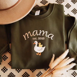 EMBROIDERED Custom Mama Goose Sweatshirt, Mama Duck With Duckling Sweater, Varsity Mama Personalized Name Crewneck, Mama Est Year Crewneck