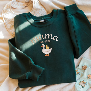 EMBROIDERED Custom Mama Goose Sweatshirt, Mama Duck With Duckling Sweater, Varsity Mama Personalized Name Crewneck, Mama Est Year Crewneck