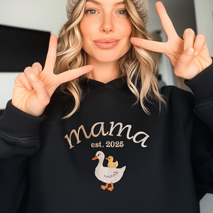 EMBROIDERED Custom Mama Goose Sweatshirt, Mama Duck With Duckling Sweater, Varsity Mama Personalized Name Crewneck, Mama Est Year Crewneck