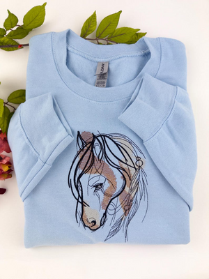 Horse Embroidered Crewneck Sweatshirt - Stallion Shirt - Horse Lovers