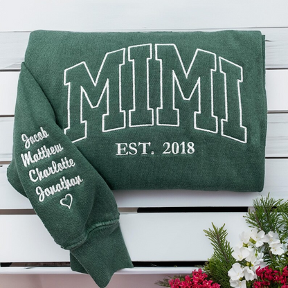 Embroidered Mimi Sweatshirt, Custom Grandma Sweatshirt With Grandkids Name On Sleeve, Birthday Gift for Grandma, New Grandma Comfort Colors®