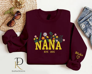 Custom Nana Embroidered Floral Sweatshirt, Personalised Grandparents Jumper with Kids Name, Granny Crewneck Sweatshirt, Mothers Day Gifts